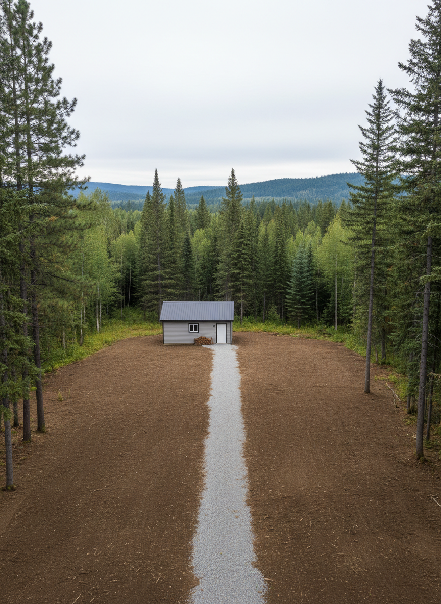 A spacious, partially wooded North Idaho property with a neatly cleared open area where piles of junk once stood, now replaced by level, raked soil and a tidy gravel path. In the distance, a modest outbuilding with clean siding and an organized exterior sits against a backdrop of tall evergreens and soft, rolling hills. Overcast daylight creates a cool, evenly lit environment with subtle contrast between the neutral browns and grays of the cleared ground and the natural green landscape. Shot from a slightly elevated angle to show the extent of the cleanup, the composition uses leading lines from the gravel path to guide the eye into the scene. The mood is refreshed and orderly, in realistic photographic style with a clean, professional, property-cleanup-oriented aesthetic.