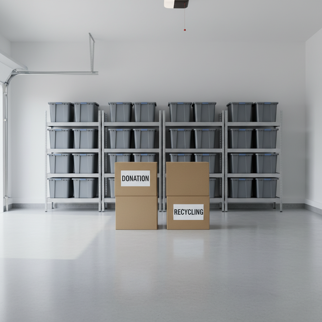 A meticulously cleared suburban garage interior with smooth, light gray concrete floors and freshly painted white walls, completely free of clutter except for a few neatly stacked, uniform cardboard boxes labeled for donation and recycling. In the background, metal shelving units are organized with evenly spaced storage bins, all facing the same direction. Diffused natural light enters through a partially visible garage door opening, casting soft, directional illumination that highlights the pristine, decluttered space. The composition is wide-angle and symmetrical, drawing the eye down the center of the room, with sharp focus throughout to emphasize order and cleanliness. The mood is calm, structured, and efficient, with neutral tones and a photographic, minimalist corporate style that visually communicates the result of professional junk removal services.