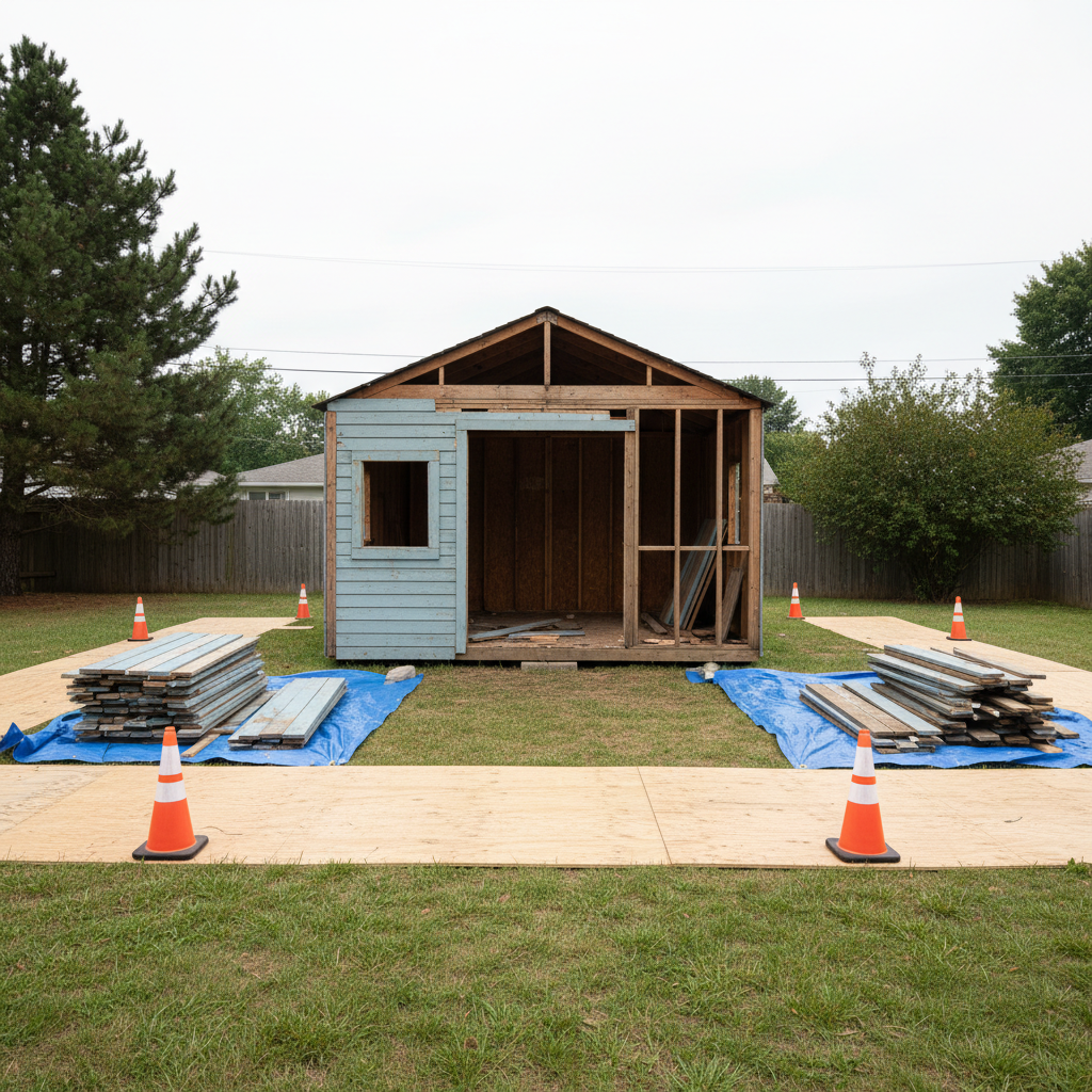 A small, single-story shed mid-demolition on a residential lot, with its structure partially deconstructed in a controlled, orderly manner. The wooden framing is exposed, and removed siding is stacked in uniform piles on a clean tarp nearby. The surrounding yard is protected by neatly placed plywood sheets and orange safety cones, and there is no random debris scattered around. Cool, overcast daylight provides even illumination across the scene, minimizing harsh shadows and highlighting the precision of the demolition work. Shot at eye level with a balanced, wide composition, the image shows the shed centered while the organized materials frame the lower foreground. The atmosphere is professional and safe, with a restrained color palette of grays, natural wood tones, and muted greens, expressed in clean, photographic realism suitable for showcasing careful home demolition services.