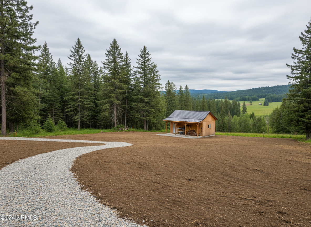A spacious, partially wooded North Idaho property with a neatly cleared open area where piles of junk once stood, now replaced by level, raked soil and a tidy gravel path. In the distance, a modest outbuilding with clean siding and an organized exterior sits against a backdrop of tall evergreens and soft, rolling hills. Overcast daylight creates a cool, evenly lit environment with subtle contrast between the neutral browns and grays of the cleared ground and the natural green landscape. Shot from a slightly elevated angle to show the extent of the cleanup, the composition uses leading lines from the gravel path to guide the eye into the scene. The mood is refreshed and orderly, in realistic photographic style with a clean, professional, property-cleanup-oriented aesthetic.
