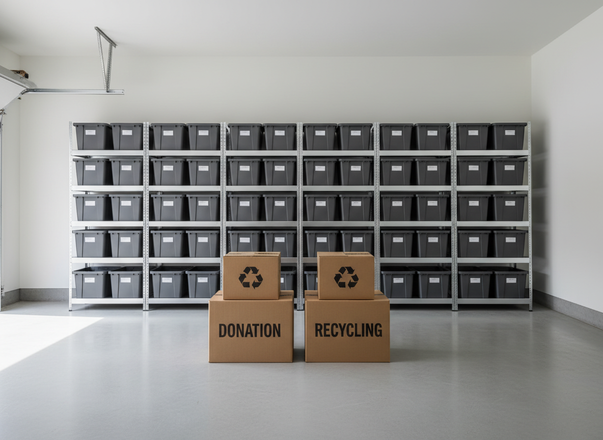 A meticulously cleared suburban garage interior with smooth, light gray concrete floors and freshly painted white walls, completely free of clutter except for a few neatly stacked, uniform cardboard boxes labeled for donation and recycling. In the background, metal shelving units are organized with evenly spaced storage bins, all facing the same direction. Diffused natural light enters through a partially visible garage door opening, casting soft, directional illumination that highlights the pristine, decluttered space. The composition is wide-angle and symmetrical, drawing the eye down the center of the room, with sharp focus throughout to emphasize order and cleanliness. The mood is calm, structured, and efficient, with neutral tones and a photographic, minimalist corporate style that visually communicates the result of professional junk removal services.