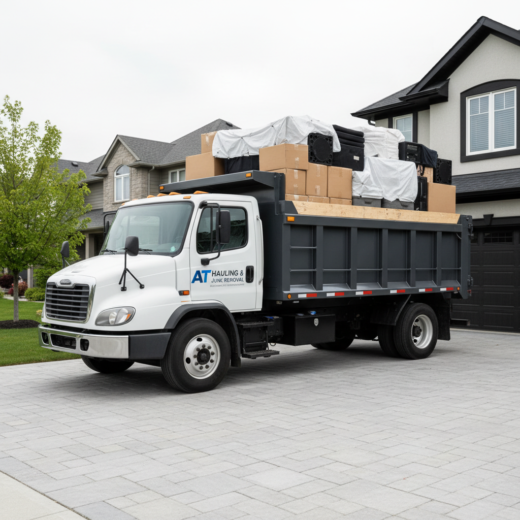 A large, modern junk removal truck with a clean white cab and neatly branded AT Hauling & Junk Removal logo on the side of a dark gray dump bed, parked in a perfectly organized residential driveway. The truck bed is filled with carefully stacked, non-identifiable bulky items, all edges and corners aligned to look orderly and professional. Soft overcast daylight creates even, neutral lighting with minimal harsh shadows, emphasizing the clean lines of the vehicle and the tidy concrete driveway. Captured at eye level with a slight three-quarter angle, the composition follows the rule of thirds with the truck as the dominant subject. The mood is dependable and professional, rendered in photographic realism with a clean, corporate aesthetic and balanced composition suitable for a business homepage hero image.