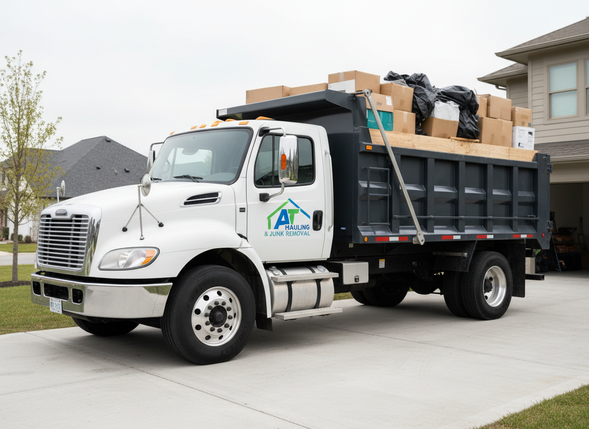 A large, modern junk removal truck with a clean white cab and neatly branded AT Hauling & Junk Removal logo on the side of a dark gray dump bed, parked in a perfectly organized residential driveway. The truck bed is filled with carefully stacked, non-identifiable bulky items, all edges and corners aligned to look orderly and professional. Soft overcast daylight creates even, neutral lighting with minimal harsh shadows, emphasizing the clean lines of the vehicle and the tidy concrete driveway. Captured at eye level with a slight three-quarter angle, the composition follows the rule of thirds with the truck as the dominant subject. The mood is dependable and professional, rendered in photographic realism with a clean, corporate aesthetic and balanced composition suitable for a business homepage hero image.